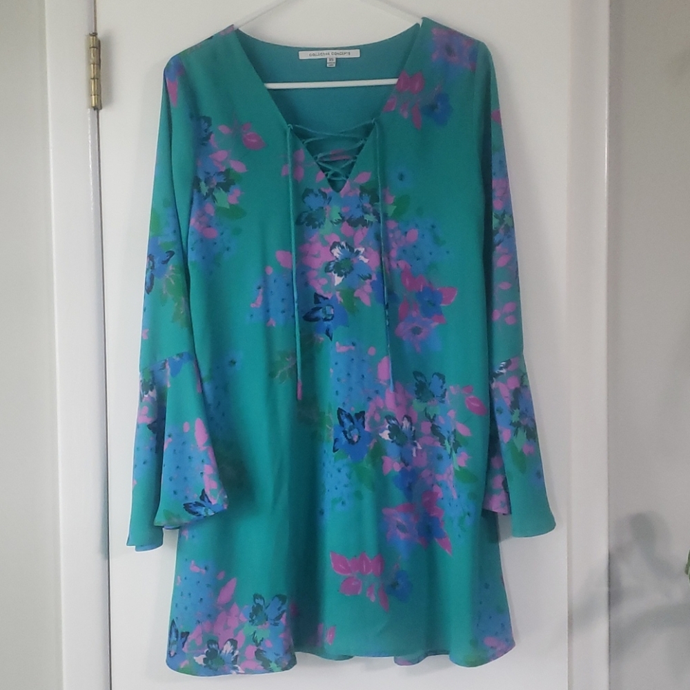 Vici Teal Floral Lace-Up Tunic Dress
